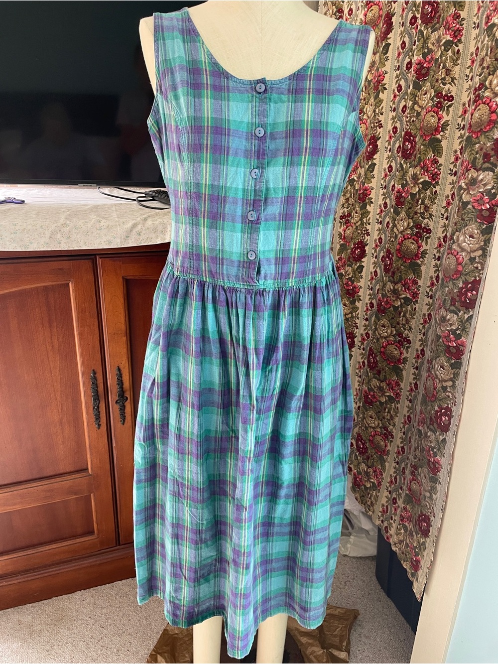 100% Cotton Vintage Teal & Purple Plaid Button-Front Dress Jumper